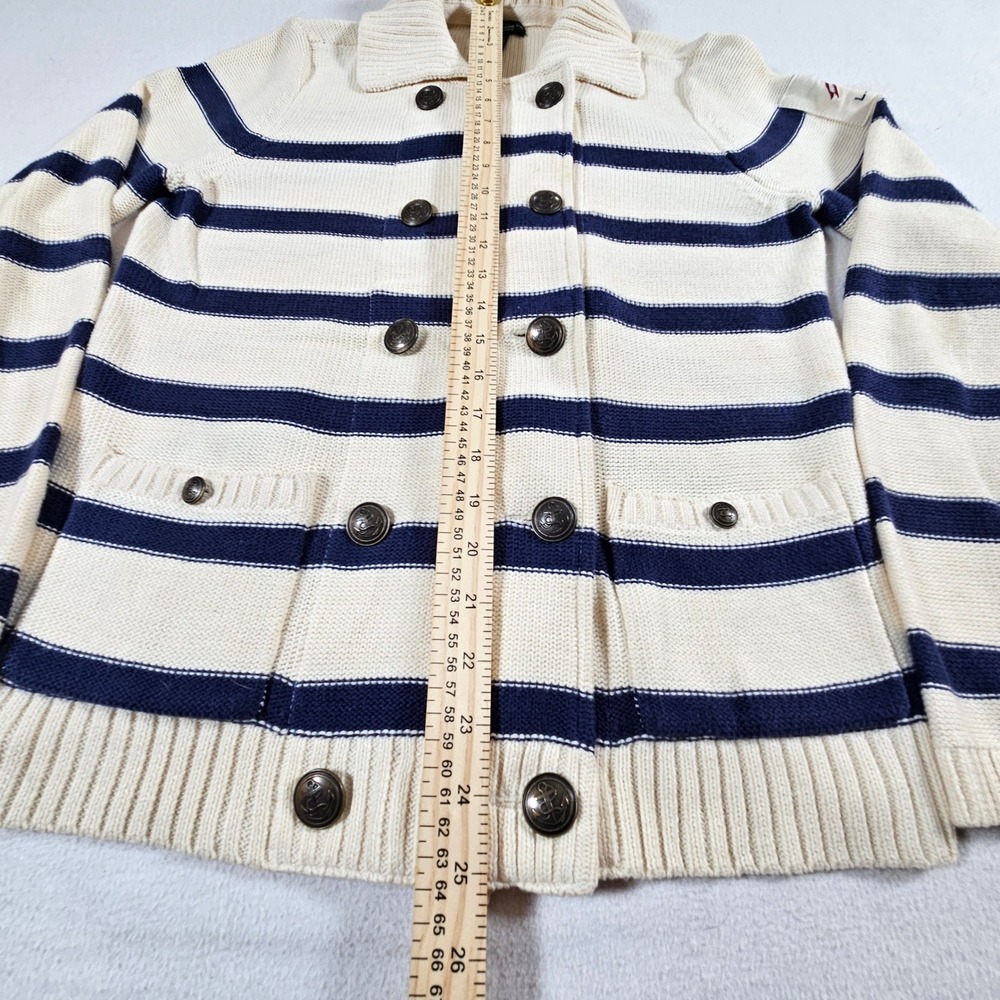 Lauren Ralph Lauren Cardigan Womens L Cream Navy Striped Nautical Anchor Button - Picture 4 of 9